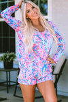 Sky Blue Floral Long Sleeve Top and Drawstring Shorts Set-Loungewear-MomFashion