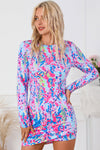 Sky Blue Floral Print Crossed Hem Long Sleeve Mini Dress-Dresses-MomFashion