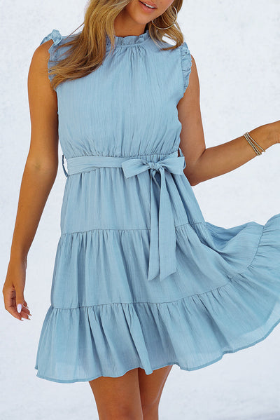 Sky Blue Frilled Neck Sleeveless Tiered Tulle Dress-Dresses-MomFashion