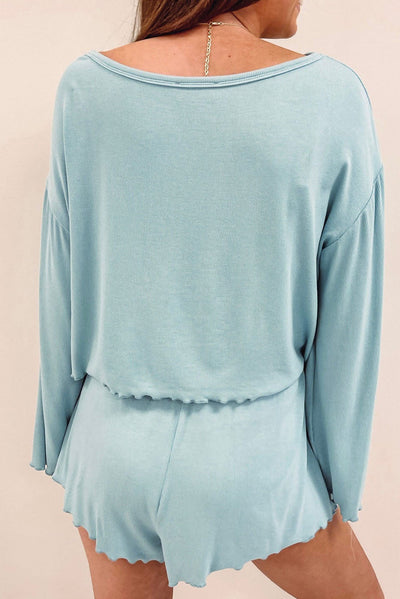 Sky Blue Long Sleeve Top & Shirred High Waist Shorts Set-Loungewear-MomFashion