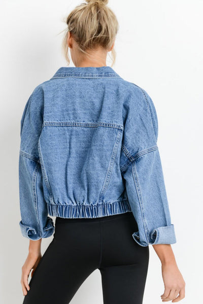 Sky Blue Medium Wash Chunky Cropped Denim Jacket-Outerwear-MomFashion