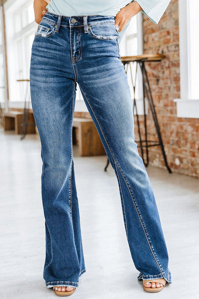 Sky Blue Medium Wash High Rise Flare Jeans-Bottoms-MomFashion