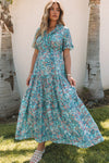 Sky Blue Paisley Print Boho Holiday Ruffle Tiered Maxi Dress-Dresses-MomFashion