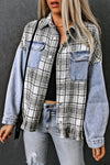 Sky Blue Plaid Patchwork Fringed Flap Pockets Denim Jacket-Outerwear-MomFashion