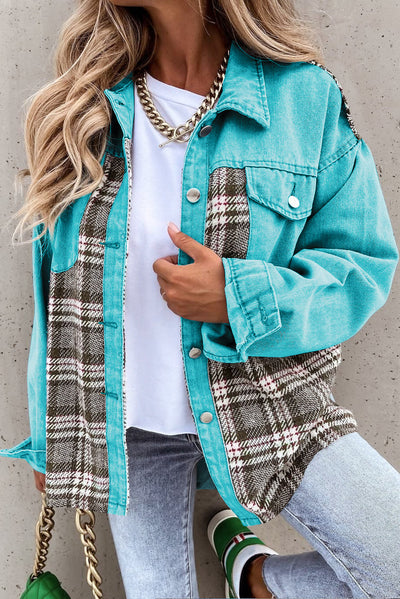 Sky Blue Plaid Patchwork Pockets Denim Jacket-Outerwear-MomFashion