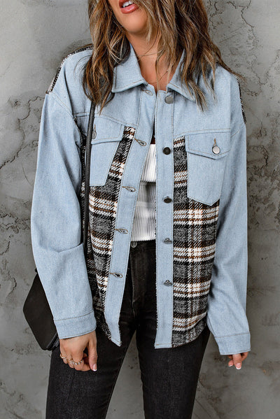 Sky Blue Plaid Patchwork Raw Hem Denim Jacket-Outerwear-MomFashion