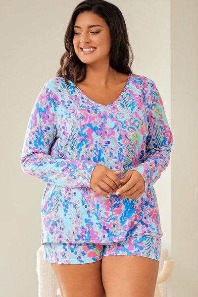 Sky Blue Plus Size Floral Print Long Sleeve and Shorts Lounge Outfit-Plus Size-MomFashion