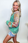 Sky Blue Plus Size Plaid Floral Patchwork Raglan Sleeve Sweatshirt-Plus Size/Plus Size Sweatshirts & Hoodies-MomFashion