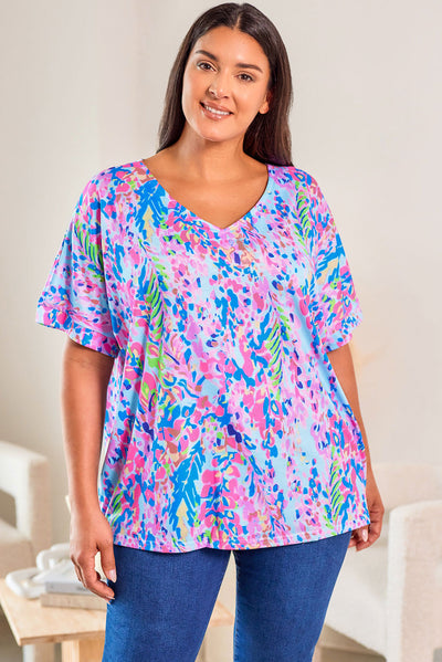 Sky Blue Plus Size Plant Print V Neck T-shirt-Plus Size-MomFashion