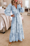 Sky Blue Printed Surplice Neck Bubble Sleeve Maxi Dress with Sash-Dresses-MomFashion