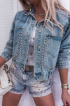 Sky Blue Rivet Studded Pocketed Denim Jacket-Outerwear-MomFashion