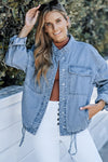 Sky Blue Roll-Up Tab Sleeve Button Down Pocket Denim Jacket-Outerwear-MomFashion