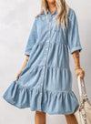 Sky Blue Ruffled Denim Full Buttoned Midi Dress-Dresses-MomFashion