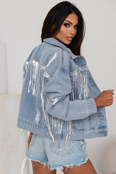 Sky Blue Sequin Embellished Fringe Distressed Denim Jacket-Outerwear-MomFashion