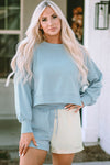 Sky Blue Split Hem Sweatshirt Color Block Shorts Set-Loungewear-MomFashion