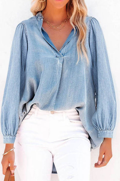 Sky Blue Split V-Neck Balloon Sleeve Ruched Denim Top-Tops-MomFashion