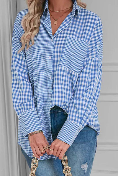 Sky Blue Stripe Plaid Patchwork Button up Long Sleeve Shirt-Tops/Blouses & Shirts-MomFashion