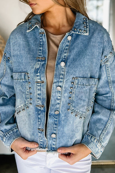 Sky Blue Studded Acid Wash Denim Jacket-Outerwear-MomFashion