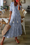 Sky Blue V Neck Casual Geometric Print Maxi Dress-Dresses-MomFashion