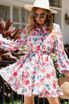 Sky Blue Vintage Floral Print Drawstring Flowy Dress-Dresses-MomFashion