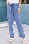 Sky Blue Washed Textured Drawstring Waist Straight Leg Pants-Bottoms-MomFashion