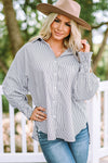 Smocked Cuffed Striped Boyfriend Shirt with Pocket-Tops-MomFashion