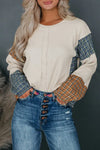 Smoke Gray Plaid Patchwork Raw Seam Long Sleeve Top-Tops-MomFashion