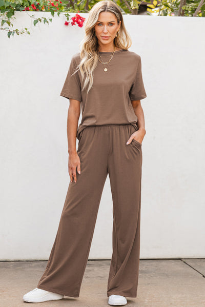 Smoke Gray Solid Color T Shirt 2pcs Wide Leg Pants Set-Two Piece Sets/Pant Sets-MomFashion