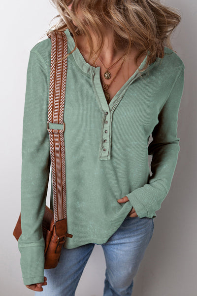 Smoke Green Acid Wash Waffle Knit Buttoned Neckline Long Sleeve Top-Tops/Long Sleeve Tops-MomFashion