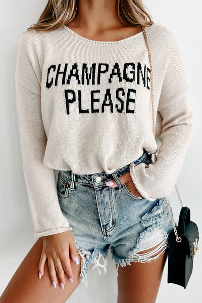 Snow White Champagne Please Graphic Sweater-Tops-MomFashion