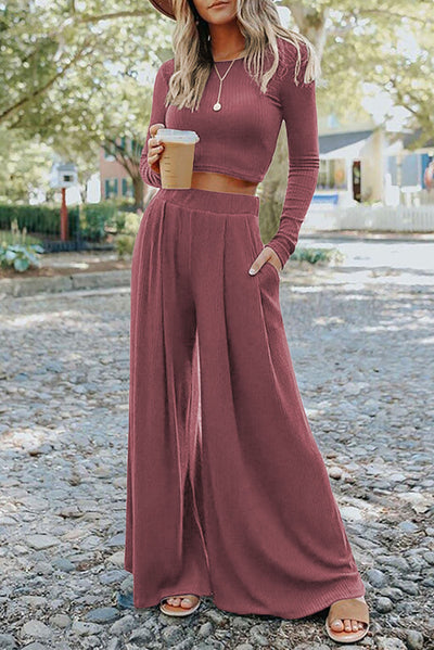 Solid Color Ribbed Crop Top Long Pants Set-Loungewear-MomFashion