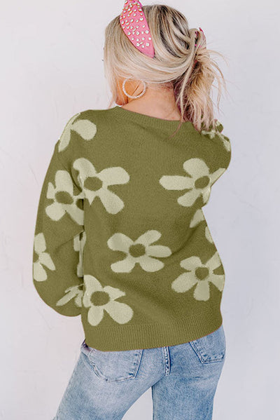 Spinach Green Big Flower Knit Ribbed Trim Sweater-Tops-MomFashion