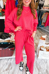 Strawberry Pink Checkered Textured Split Pullover Top and Pants Set-Two Piece Sets/Pant Sets-MomFashion