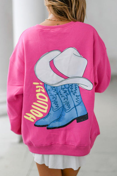 Strawberry Pink HOWDY Back Western Graphic Pullover Sweatshirt-Tops-MomFashion