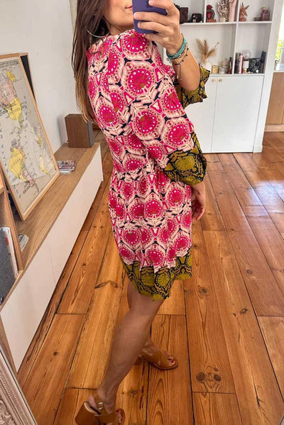 Strawberry Pink Retro Printed V Neck Bracelet Sleeve Dress-Dresses-MomFashion