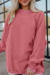 Strawberry Pink Ribbed Corded Oversized Sweatshirt-Tops-MomFashion