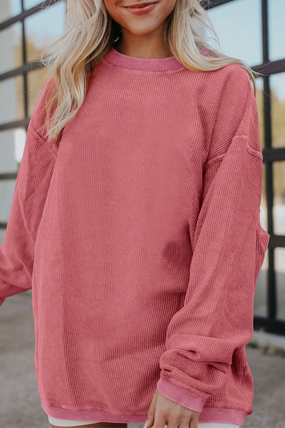 Strawberry Pink Ribbed Corded Oversized Sweatshirt-Tops-MomFashion
