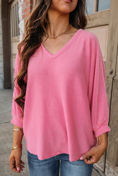 Strawberry Pink Striped Print Bracelet Sleeve V Neck Top-Tops-MomFashion