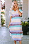 Striped Color Block V Neck T Shirt Midi Dress-Dresses-MomFashion