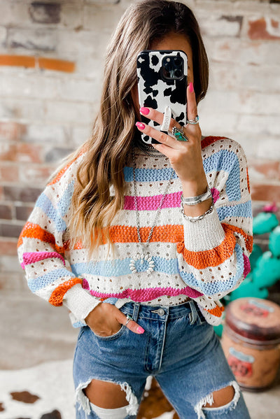 Striped Hollowed Knitted Loose Sweater-Tops-MomFashion