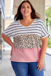 Striped Leopard Color Block Plus Size T-Shirt-Plus Size-MomFashion