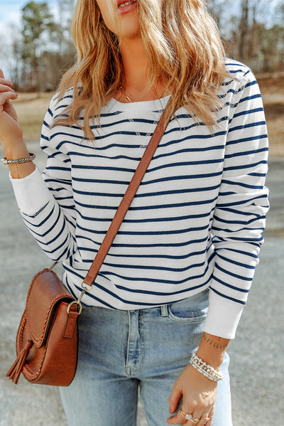 Striped Print Ribbed Trim Long Sleeve Top-Tops-MomFashion