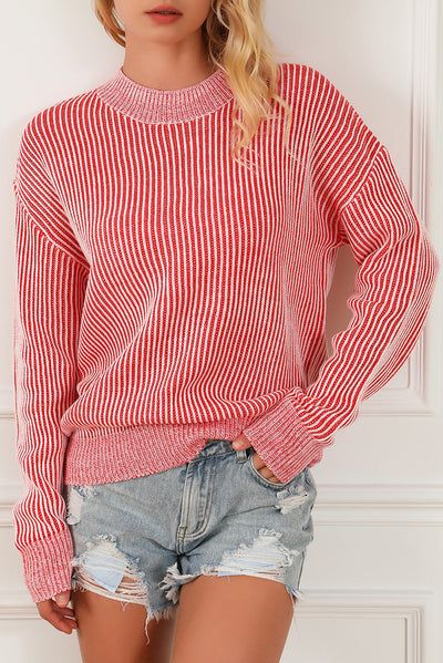 Striped Print Ribbed Trim Round Neck Sweater-Tops-MomFashion