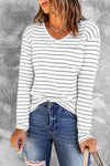 Striped V Neck Long Sleeve Top-Tops-MomFashion