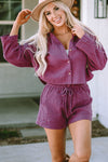 Textured Dolman Sleeve Cropped Shirt and Shorts Set-Loungewear-MomFashion