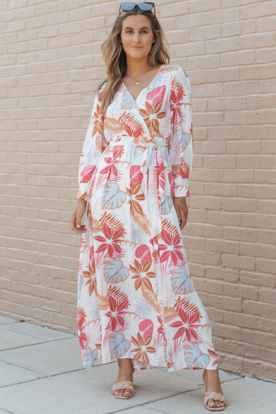 Tropical Plant Print Long Sleeve Wrap V-Neck Slit Maxi Dress-Dresses-MomFashion