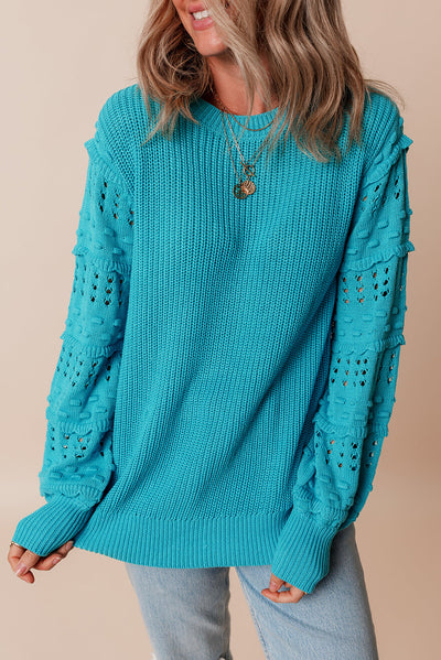 Turquoise Ruffled Eyelet Bubble Sleeve Sweater-Sweaters & Cardigans/Sweaters-MomFashion