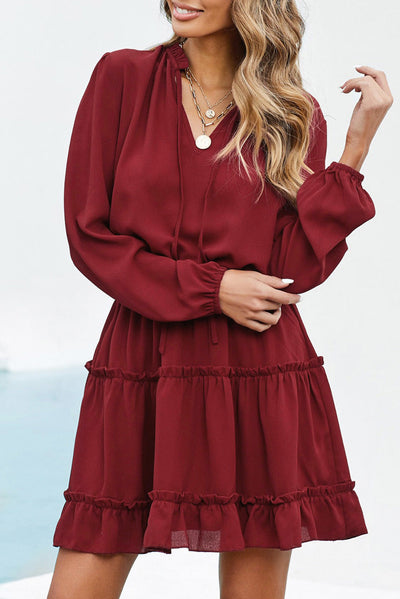 V Neck Long Sleeve Ruffle Tiered Mini Dress-Dresses-MomFashion