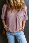 Valerian Corded V Neck Chest Pocket Loose T-shirt-Tops-MomFashion