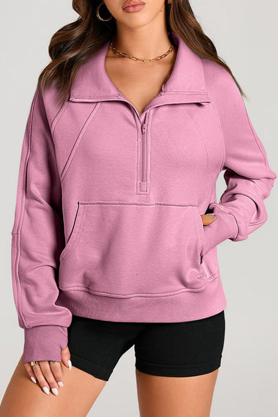 Valerian Quarter Zip Stand Neck Kangaroo Pocket Sweatshirt-Tops/Sweatshirts & Hoodies-MomFashion